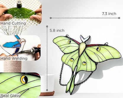 Green Luna Moth Stained Glass Window Hanging - Handmade Real Glass Suncatcher for Women, Mom, Grandma - Elegant Green Butterfly Gifts Box Home Decor (H5.8xW7.3 Inch)