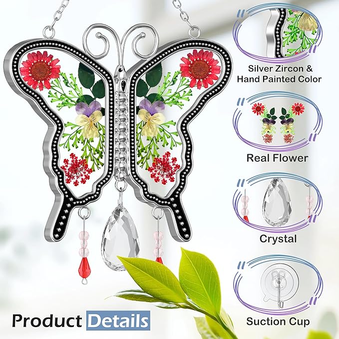 KY&BOSAM Suncatcher Butterfly Stained Glass Crystal Butterfly Suncatchers Ornament hangings for Windows Wind Chime with Pressed Flower Butterfly Embedded in Glass Mother`s Day Birthdays