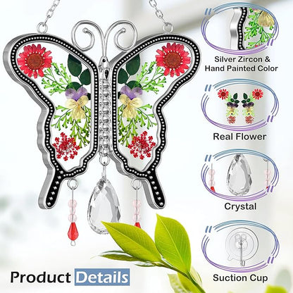 KY&BOSAM Suncatcher Butterfly Stained Glass Crystal Butterfly Suncatchers Ornament hangings for Windows Wind Chime with Pressed Flower Butterfly Embedded in Glass Mother`s Day Birthdays