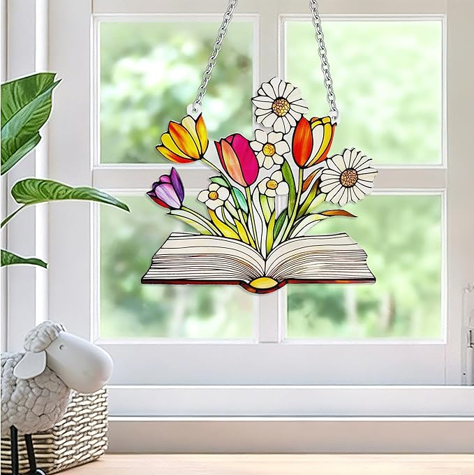 Stained Glass Book for Windows, bookand Flower Hanging Sun Book Indoor Window, Theme Birthday Gifts for hummingbirding Lovers