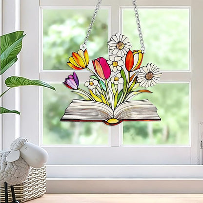 Stained Glass Book for Windows, bookand Flower Hanging Sun Book Indoor Window, Theme Birthday Gifts for hummingbirding Lovers