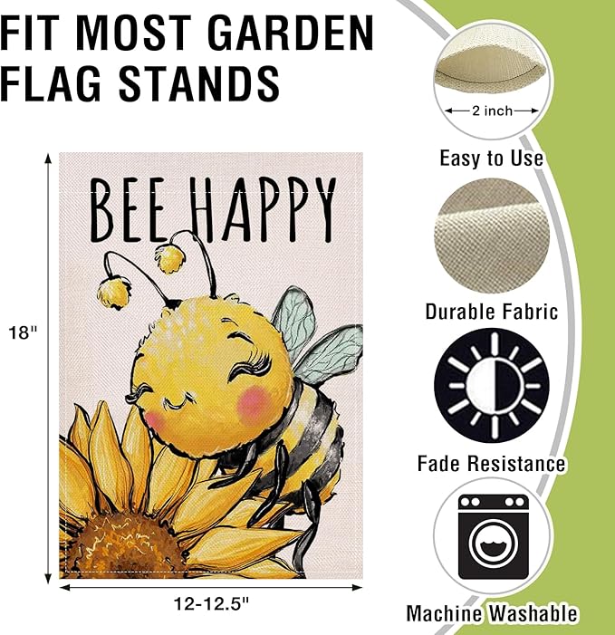 Artofy Spring Summer Bumble Bee Sunflower Small Decorative Garden Flag, Bee Happy Flower Floral Yard Lawn Outside Decor, Honeybee Seasonal Burlap Outdoor Home Decoration Double Sided 12 x 18