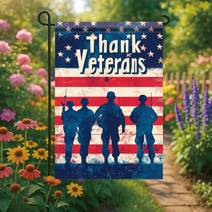 Spring Summer Garden Flag 12x18 Inch Thank Veterans Patriotic American Outdoor Military Silhouette Tribute Design Outdoor Yard Porch Lawn for Seasonal Americana Home Decor