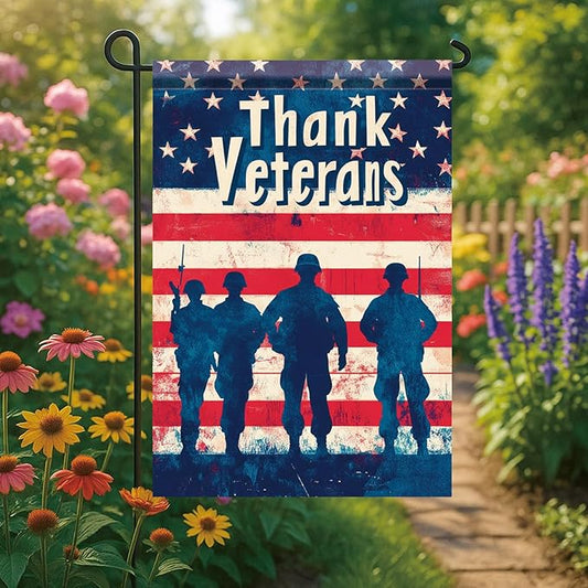 Spring Summer Garden Flag 12x18 Inch Thank Veterans Patriotic American Outdoor Military Silhouette Tribute Design Outdoor Yard Porch Lawn for Seasonal Americana Home Decor