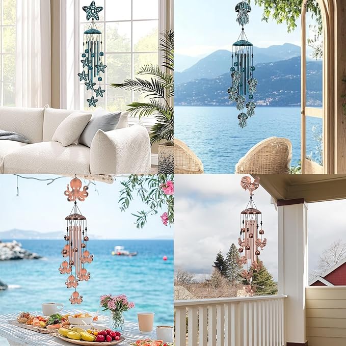 Starfish Wind Chimes for Outside, Large Starfish Gifts for Women, Blue Marine Animal Wind Chime, Metal Starfish Decor, 40" Outdoor Garden Decor for Lawn, Porch, Patio, Yard