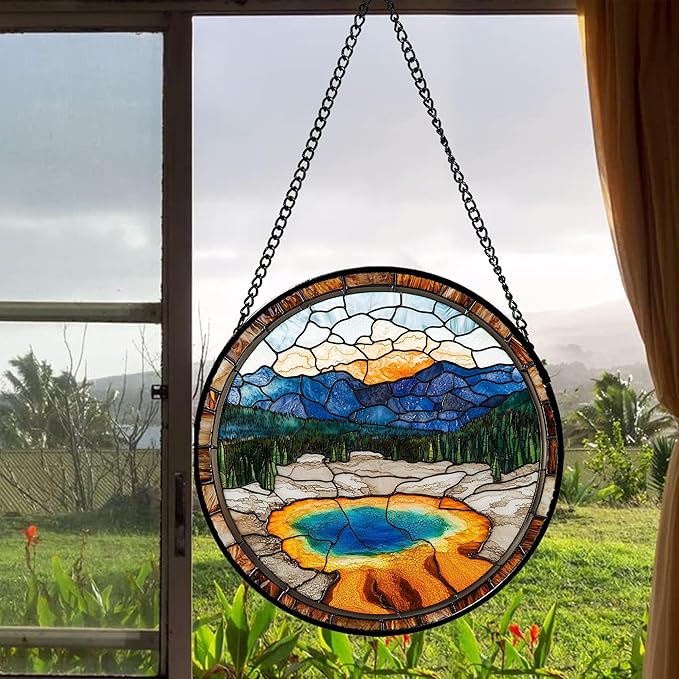 Stained Glass Window Hanging - Abstract Lake Landscape Suncatcher for Door Terrace Garden Home Decor Mountains Forests Sun Catcher Birthday Gifts for Lovers Women Men Dad Mom Nana 6.3 in