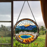 Stained Glass Window Hanging - Abstract Lake Landscape Suncatcher for Door Terrace Garden Home Decor Mountains Forests Sun Catcher Birthday Gifts for Lovers Women Men Dad Mom Nana 6.3 in