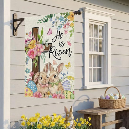 CROWNED BEAUTY Easter House Flag Cross Bunny 28x40 Inch Double Sided Large Holiday Welcome Decoration for Outside Yard