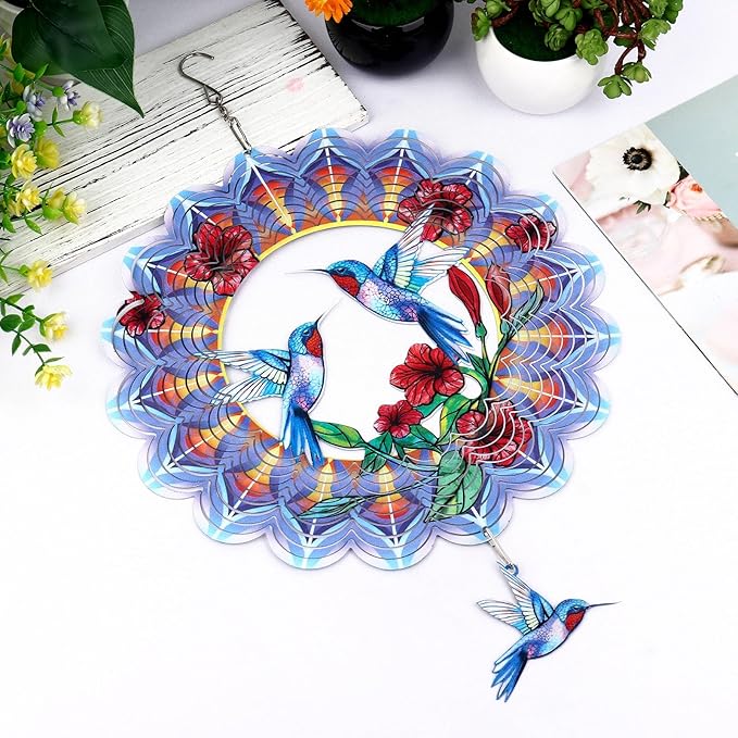 Hummingbird Wind Spinner Gifts for Women Metal Hanging Wind Spinner Metal Bird Wind Chimes House Yard Art Garden Decor (Hummingbird)