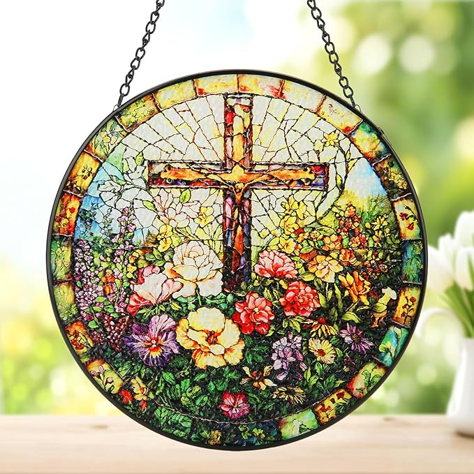 Stained Glass Window Hanging, 8inch Stained Glass Cross Suncatcher Christian Decor for Home Kitchen Office Garden Birthday Mother's Day Easter Religious Gifts for Women Grandma Grandparents