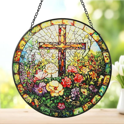 Stained Glass Window Hanging, 8inch Stained Glass Cross Suncatcher Christian Decor for Home Kitchen Office Garden Birthday Mother's Day Easter Religious Gifts for Women Grandma Grandparents