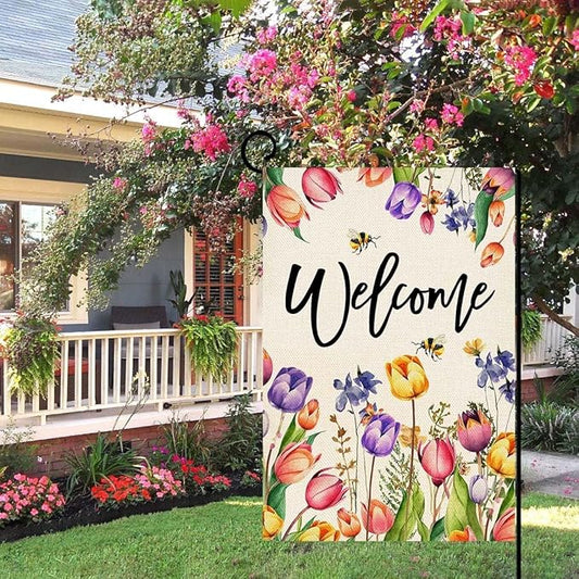 Baccessor Spring Summer Easter Tulip Welcome Garden Flag Double Sided Bee Colorful Floral Small Burlap Yard House Seasonal Farmhouse Outside Outdoor Decoration 12.5 x 18 Inch