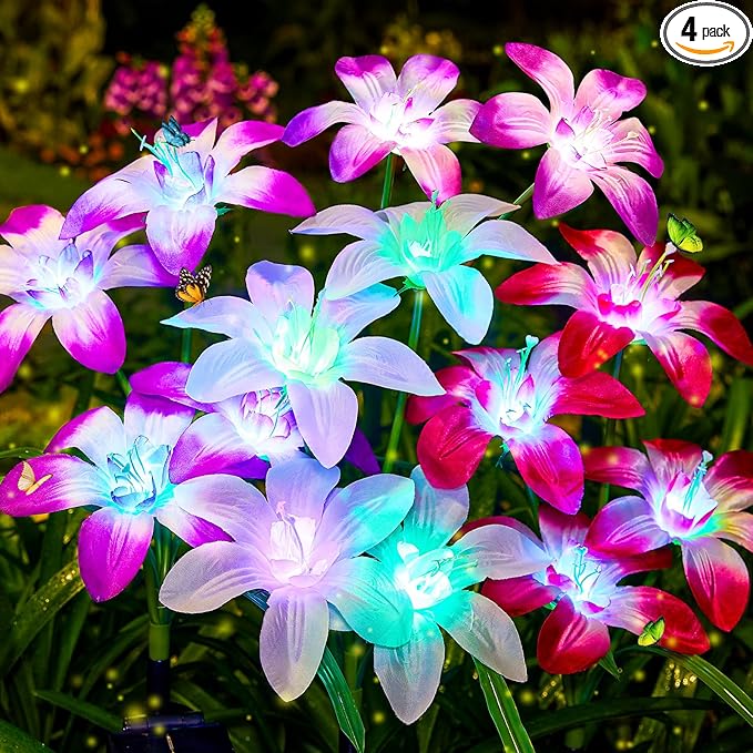 Ahaorigin Solar Garden Lights Outdoor, 4 Pack Blooming Lily Solar Flowers Outdoor Waterproof, 7 Color Changing Bigger Flower Lights for Yard Patio Decor, Gift for Mom