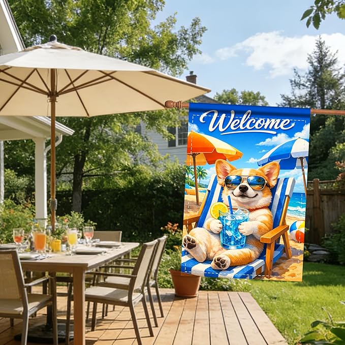 Nuxovilar Large Summer Garden Flag Welcome Dog Sunglasses Beach Chair Pattern Polyester 28 * 40 Inches Garden Flags for Outside Coastal Decor Yard Porch Patio