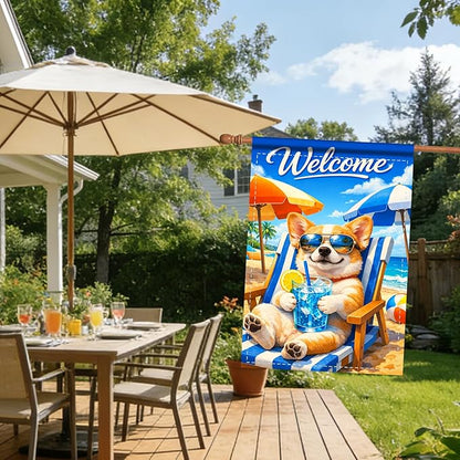 Nuxovilar Large Summer Garden Flag Welcome Dog Sunglasses Beach Chair Pattern Polyester 28 * 40 Inches Garden Flags for Outside Coastal Decor Yard Porch Patio