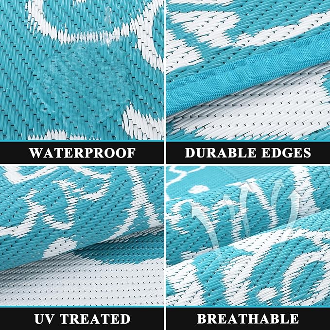 Pauwer Reversible Outdoor Rug, 6'x9', Waterproof Polypropylene Patio Mat, RV, Balcony, Deck, Beach, Picnic