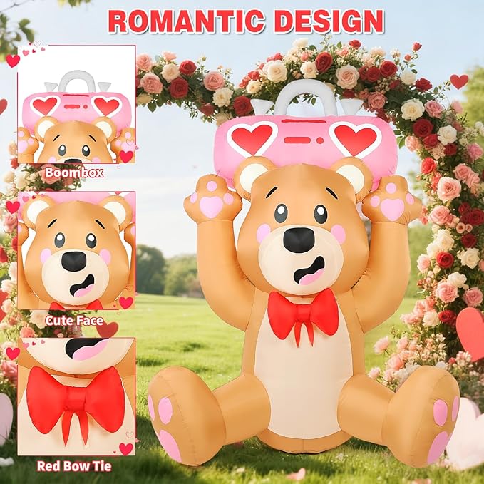 Valentine’s Day Inflatables Outdoor Decorations, 6FT Inflatable Bear Holds a Boombox with LED Lights, Valentines Blow Up Yard Decoration for Valentine Holiday Lawn Garden Indoor Outdoor Decor