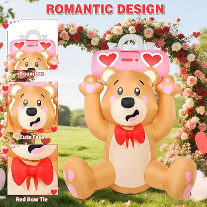 Valentine’s Day Inflatables Outdoor Decorations, 6FT Inflatable Bear Holds a Boombox with LED Lights, Valentines Blow Up Yard Decoration for Valentine Holiday Lawn Garden Indoor Outdoor Decor