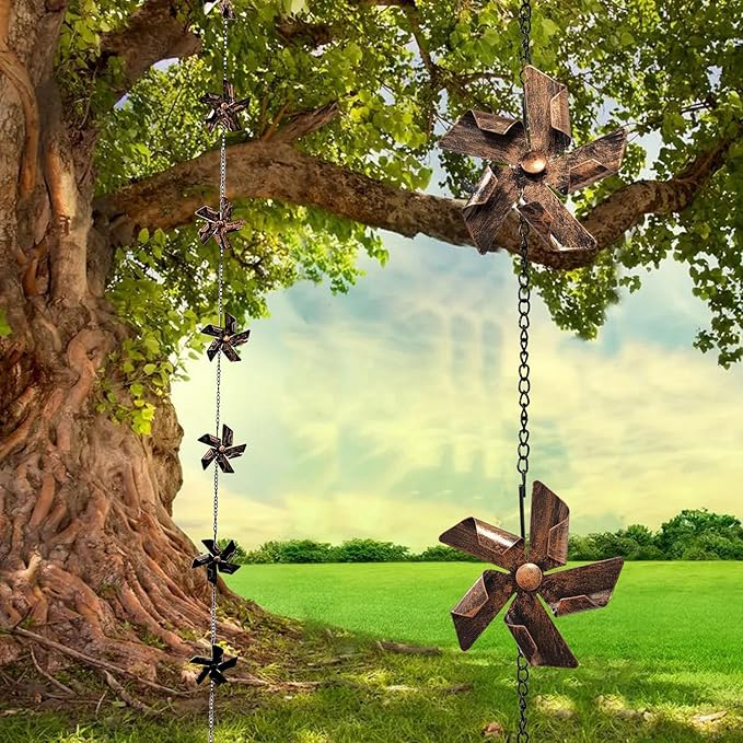 Long Decorative Metal Rain Chain with 8 Windmill Functional Replacement for Gutters Downspouts, Outdoor Garden Rainwater Collector, Easy Installation, Durable Artistic, Adds Curb Appeal to Your Home