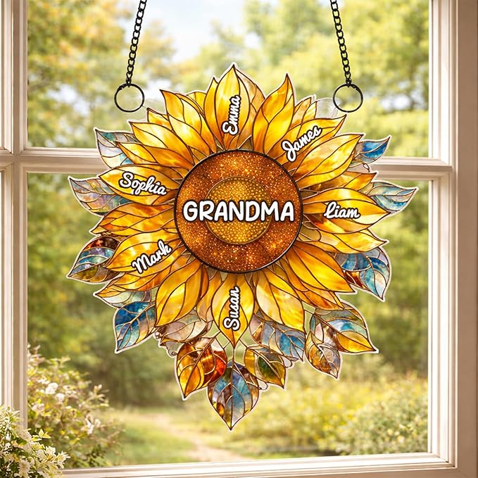Personalized Grandma Sunflower Stained Glass Suncatcher, Custom Grandkids Names Window Hanging, Sunflower Ornament for Grandma, Window Decor Gift, Gift for Mother’s Day