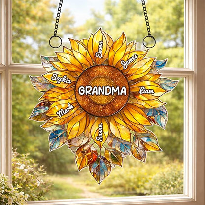 Personalized Grandma Sunflower Stained Glass Suncatcher, Custom Grandkids Names Window Hanging, Sunflower Ornament for Grandma, Window Decor Gift, Gift for Mother’s Day