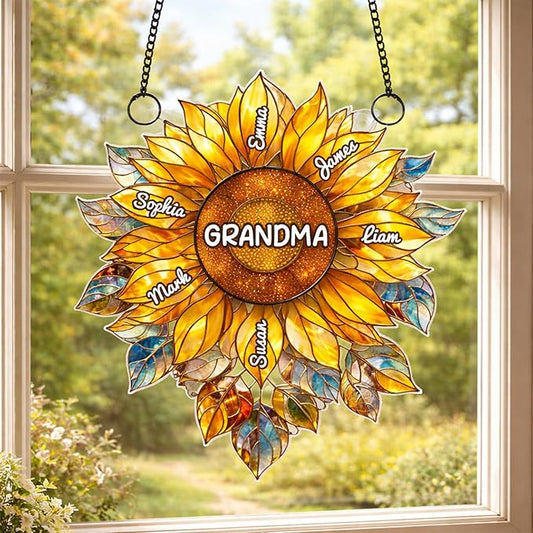 Personalized Grandma Sunflower Stained Glass Suncatcher, Custom Grandkids Names Window Hanging, Sunflower Ornament for Grandma, Window Decor Gift, Gift for Mother’s Day