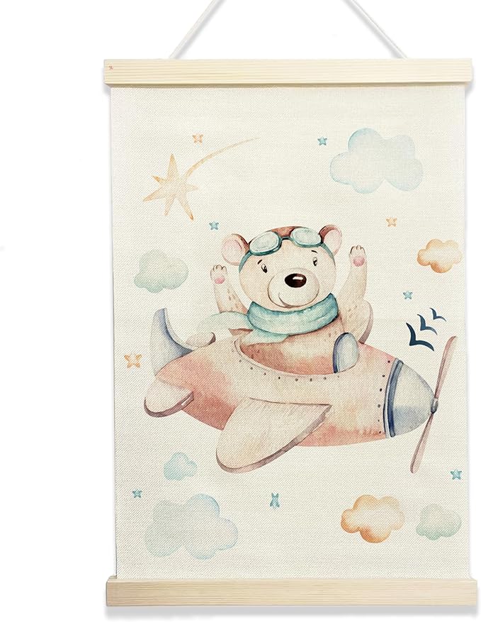 NQDWX Airplane & Bear Hanging Flag for Toddler Boys - Aviation Wall Decor with Cute Teddy Pilot, 12x17 Inch Nursery Banner, Clouds & Stars Kids Room Art, Gift for Little Adventurers. (145)