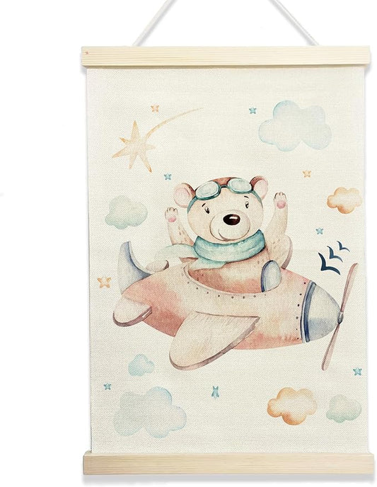 NQDWX Airplane & Bear Hanging Flag for Toddler Boys - Aviation Wall Decor with Cute Teddy Pilot, 12x17 Inch Nursery Banner, Clouds & Stars Kids Room Art, Gift for Little Adventurers. (145)