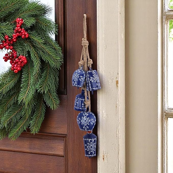 Christmas Bell Wind Chime 25” – 5 Pcs Metal Jingle Bells on Jute Rope –Rustic Farmhouse Holiday Décor, Vintage Sleigh Bells Wind Chime for Door, Fireplace Mantel, Tree & Home Decoration (Blue)