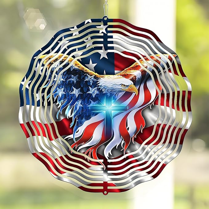 American Flag Wind Spinner 12 Inch - 3D Patriotic Eagle & Christian Cross Outdoor Decor, Stainless Steel Hanging Yard Spinner, Gift for 4th of July, Veterans, Mom, Dad, Home & Garden