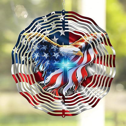 American Flag Wind Spinner 12 Inch - 3D Patriotic Eagle & Christian Cross Outdoor Decor, Stainless Steel Hanging Yard Spinner, Gift for 4th of July, Veterans, Mom, Dad, Home & Garden