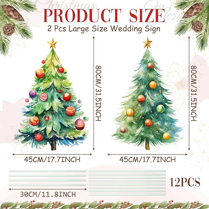 Geelin 2 Pcs Large Christmas Tree Sign Yard with Stake 2.62 ft Vintage Patio Lawn Decoration Outdoor Christmas Party Favor Ornament Garden Sign for Party Supplies(Watercolor Trees)