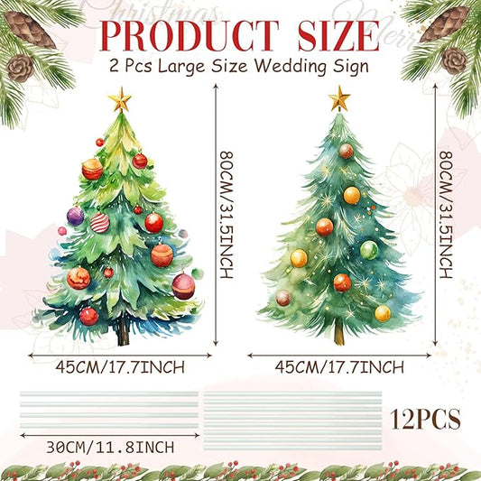 Geelin 2 Pcs Large Christmas Tree Sign Yard with Stake 2.62 ft Vintage Patio Lawn Decoration Outdoor Christmas Party Favor Ornament Garden Sign for Party Supplies(Watercolor Trees)
