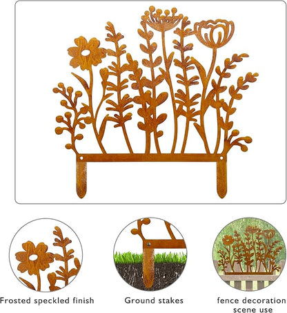 Metal Wild Flowers Stakes 14.4 * 14.0 inches, Metal Flowers Yard Art, Decorative Garden Stakes, Fence Topper Decor, Lawn Art Decor Plants Yard Decorations for Outdoor with Rusty Paint Process