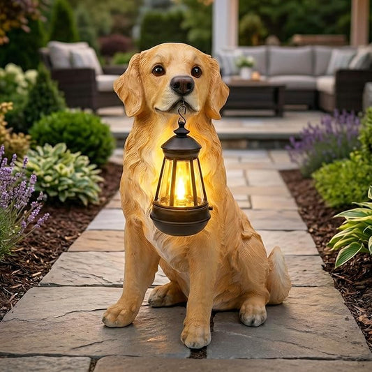Golden Retriever Garden Statue with Solar Lantern & Welcome Sign, 15.7" Large Realistic Dog Sculpture Outdoor Decor for Patio Yard Lawn Porch, Pet Memorial Figurine Gift for Dog Lovers, 5.7lbs