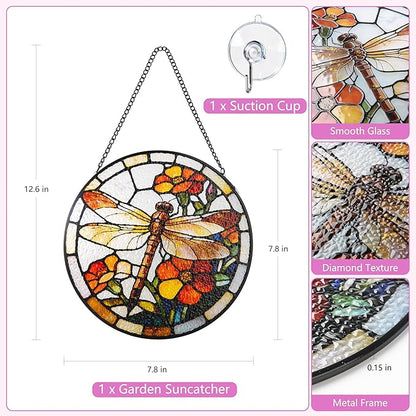 Stained Glass Window Hanging, Dragonfly Circular Painted Glass Suncatcher with Chain & Suction Cup for Home Garden Door Decor, Birthday for Women Men Mom 7.8 in