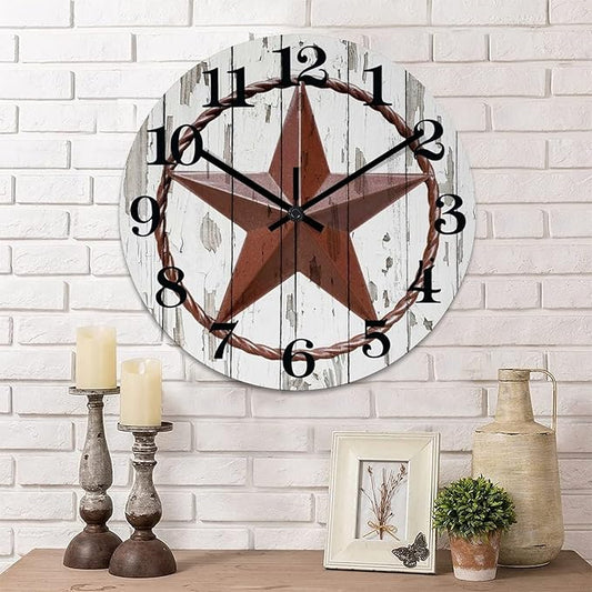 10 Inch Decorative Wall Clock Western Texas Star Vintage Farmhouse Wood Clock Silent Non-Ticking Battery Operated Country Wooden Desk Clock for Office Farmhouse Living Room Decor Home Decor