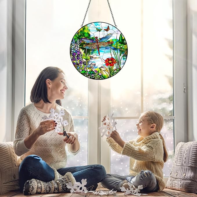 Dragonfly Suncatcher Stained Glass Window Hanging - 8″ Handmade Butterfly Wildflowers Suncatchers for Windows Hanging - Sun Catchers Indoor Wall Decor Glass Art Panel Mothers Day for Mom Grandma Gift