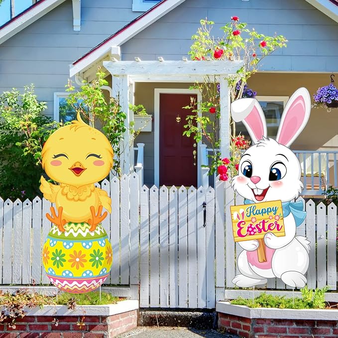 Capoda 2 Pack Easter Decorations Outdoor Yard Signs Bunnies 32.2 x 12.9 Inch Easter Eggs Yard Stake with H Stands for Holiday Party Spring Patio Lawn Garden Decor(Chick, Rabbit Style)