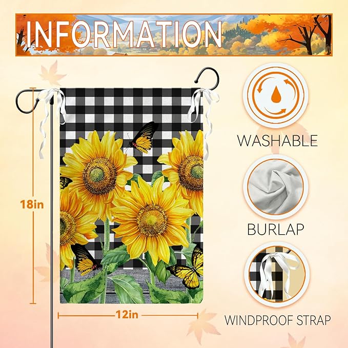 Sunflower Garden Flags Double Sided Black and White Check Garden Flag 12 x 18 In Yellow Summer Flowers Yard Flags for Outdoor Decorations Farmhouse Seasonal Flag for Lawn Outside
