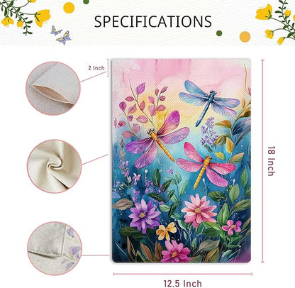 Colorful Spring Summer Dragonfly Garden Flag Floral Flowers Garden Flag Vertical Double Sided Rustic Farmland Burlap Yard Lawn Outdoor Decor 12.5x18"