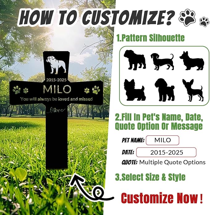 Custom Dog Grave Markers Outdoor with Pet Breed Icons, Personalized Metal Waterproof Rustproof Pet Grave Markers, Dogs Headstone for Garden Yard, Sympathy Gift for Loss of Dog (Style 2)