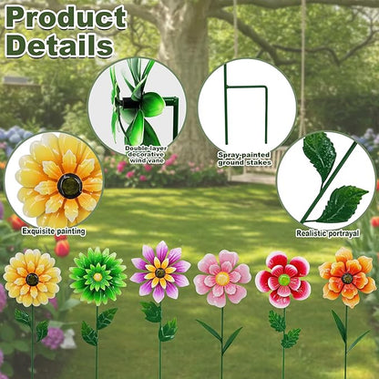 Metal Retro Flower Wind Spinner Art, Guangxie Yard Decorations Outdoor - 6 Pack for Outdoor, Patio, Backyard and Flower Bed Spring Decor (6 Vibrant Colors)