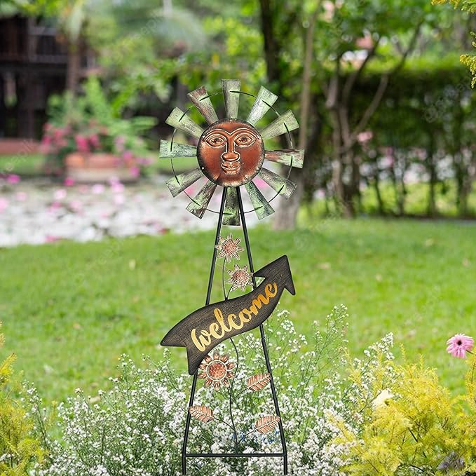 TERESA'S COLLECTIONS Garden Decor with Solar Outdoor Lights, Wind Spinner Yard Art Sign for Outside, 26'' Bronze Metal Sun Face Windmill Decorative Garden Stake for Lawn Ornaments, Gifts for Mom