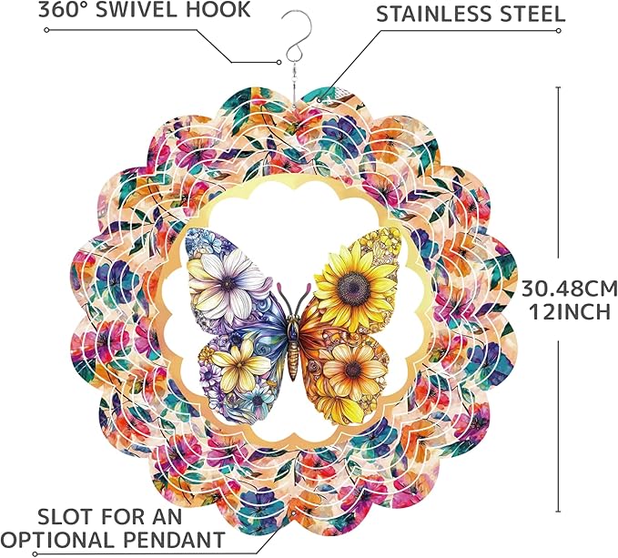 12 Inch 3D Kinetic Wind Spinner for Garden and Yard, Laser-Cut Stainless Steel, Mesmerizing Hanging Decor for Outdoor Patio & Indoor, Butterfly Bloom-10
