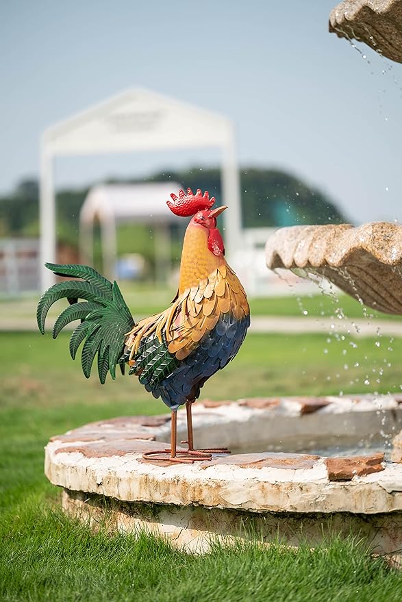 TERESA'S COLLECTIONS Garden Decor, Vivid Rooster Garden Decor with Colorful Painting, 12", Waterproof Metal Garden Statue, Rooster Gifts, Garden Gifts for Women Mom, Indoor/Outdoor