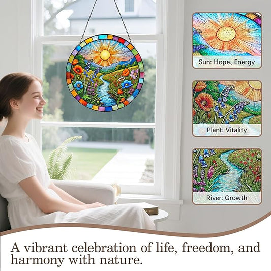 Stained Glass Window Hanging, Scenery Sun Catchers Stained Glass Panels for Indoor Windows Wall Art Decor, Birthday Gift for Mom Women Wife Men Lovers (11.8inch)