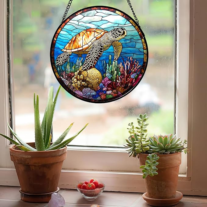 Stained Glass Window Hanging Blue Sea Ocean Coral Turtle Large 15" - Suncatcher Door Garden Sunroom Sun Catcher Home Decor Birthday Christmas for Mom Men Woman Nana