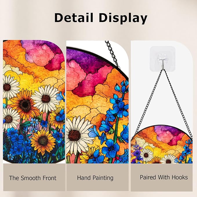 Stained Glass Window Hanging, Daisy Suncatcher for Doors Home Sun Catchers Decoration, Mother's Day Birthday Gifts for Women, Men, and Mom (Wildflowers)