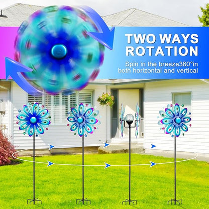 Solar Wind Spinner Outdoor Metal Garden Decor – 60.63'' Kinetic Flower Sculpture with Color-Changing LED Crackle Glass Ball & Gemstone, Waterproof Wind Catchers for Patio, Yard, Lawn Art Decoration